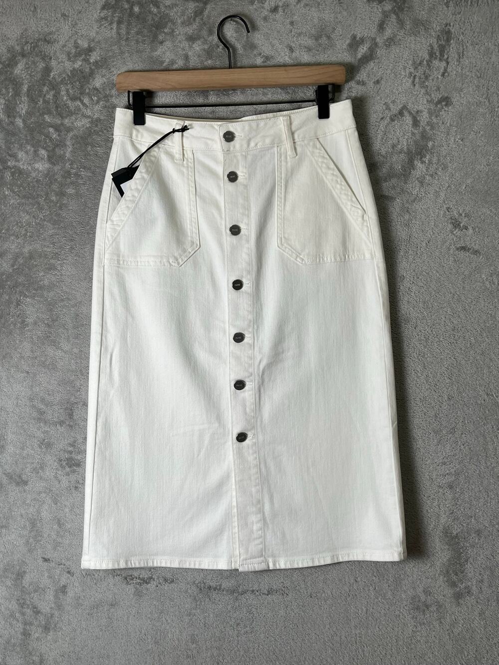 Paige Meadow Utility Patch Pocket Midi Denim Skirt Ivory Button Front Size27 New